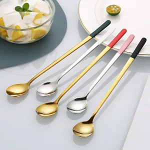 Stainless steel long handled stirring spoon set for coffee, tea and dessert, colorful grips.