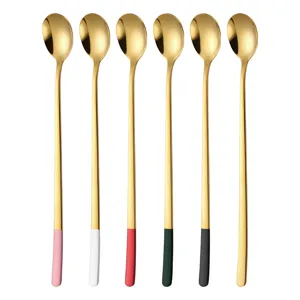 Long handle stainless steel stirring spoons set for cocktail coffee milk tea, gold color finish.