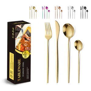 Set posate in acciaio inox dorato coltello forchetta cucchiaio cucina tavola.