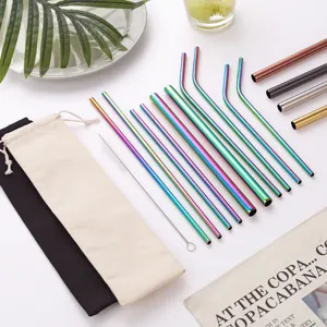 Set de Pajitas de Acero Inoxidable Reutilizables de Colores con Bolsa y Cepillo