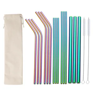 Set de pajitas de acero inoxidable arcoiris con bolsa, pajitas de metal reutilizables bar