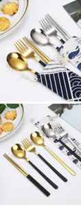 Set di posate portatile in acciaio inossidabile con cucchiaio, forchetta, bacchette e astuccio.