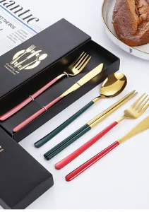 Set di posate in acciaio inossidabile con manici colorati, elegante confezione regalo da cucina.
