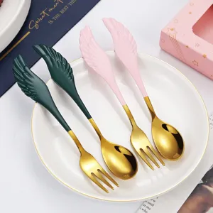 Kreatives Engel Flügel 304 Edelstahl Kaffeelöffel und Obstgabel Geschenk-Set Hochzeit