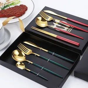 Stainless steel cutlery set with gift box, mirror polished fork knife spoon and chopsticks.