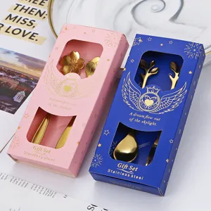 Stainless steel spoon gift set with pink and blue boxes, elegant coffee spoon set.