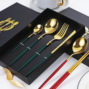 Stainless Steel Cutlery Set Luxury Gold Tableware Gift Box Kitchen Knife Fork Spoon Chopsticks