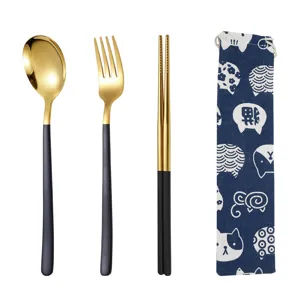 Set di posate portatile in acciaio inossidabile con cucchiaio forchetta bacchette e borsa