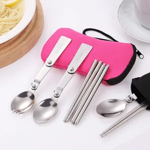Tragbares Faltbares Besteckset 304 Edelstahl Löffel Stäbchen Mit Aufbewahrungstasche Für Studenten Outdoor Camping Picknick