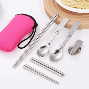 Tragbares Besteckset aus Edelstahl mit praktischem Etui für Outdoor Reisen und Studenten