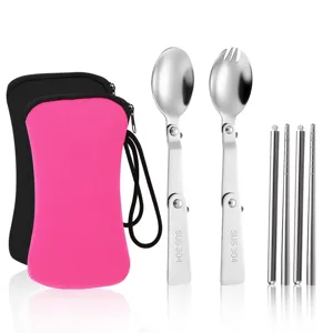 Tragbares Edelstahl Klappbesteck Set Camping Löffel Gabel Stäbchen mit Tasche.