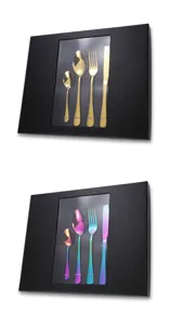 Nahaufnahme des Bestecksets aus Edelstahl in einer schwarzen Geschenkbox mit eleganter Oberfläche.