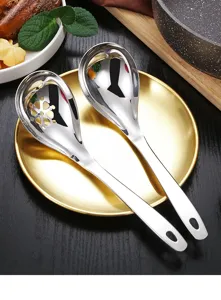Stainless steel soup spoon and colander set, kitchen detail view, durable polished finish utensil.