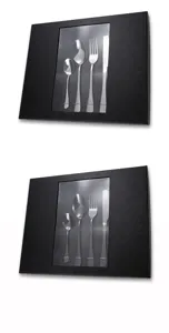 Edelstahl Besteck Geschenkbox Set, elegante schwarze Verpackung mit klarem Sichtfenster.
