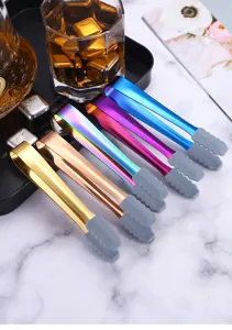 Stainless steel ice tongs with silicone tips, 13.5cm colorful bar tools for ice cubes and sugar.