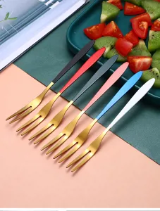 Stainless steel fruit forks set with colorful handles, perfect for dessert, cake, and household salad use.