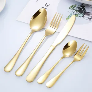Gold stainless steel cutlery set, 5-piece flatware set including knife, fork, and spoon for dining.
