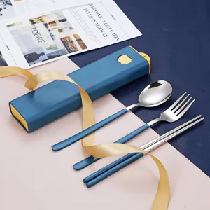 Tragbares 304 Edelstahl Besteckset mit Aufbewahrungsbox Löffel Gabel und Stäbchen