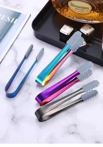 Stainless steel ice tongs with silicone tips, durable kitchen tool, 13.5cm bar ice cube clip.