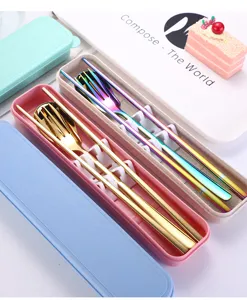 Portable stainless steel flatware set with fork spoon and chopsticks in storage box.