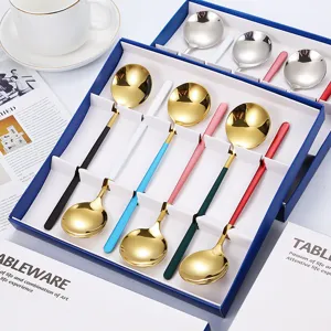Modern Minimalist Stainless Steel Round Spoon Gift Set Mirror Polished Dessert Spoons With Colorful Handles Elegant Tableware Dinnerware Set For Wedding Birthday Home Party