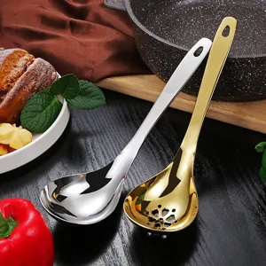 Stainless steel soup spoon and slotted spoon set, gold and silver kitchen cooking tools.