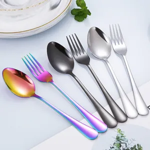 Stainless steel flatware cutlery set with colorful spoons and forks for modern table settings.