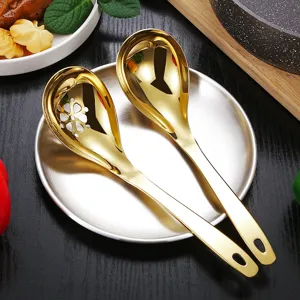 Golden stainless steel soup spoon and colander set, luxury kitchen tableware for home.
