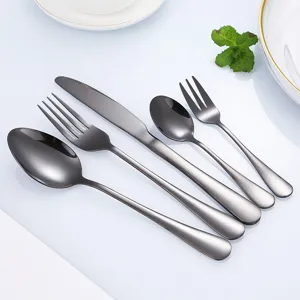 Black stainless steel cutlery set 5 pieces modern kitchen flatware knife fork spoon.