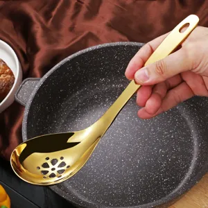 Golden 304 stainless steel slotted soup spoon, creative kitchenware for home cooking and hot pot.