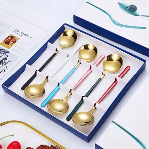 Stainless steel gold spoon gift set with colorful handles in elegant blue box main view