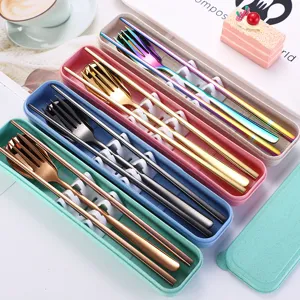 304 Stainless Steel Korean Portable Cutlery Wheat Straw Case Spoon Fork Chopsticks Outdoor Student Travel Dining Utensils