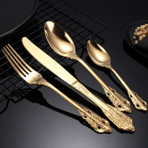 Vintage Europäischer Palaststil 304 Edelstahl Besteckset Geprägtes Reliefmuster Messer Gabel Löffel Luxus Westliches Geschirr Für Hotel Zuhause Bankett