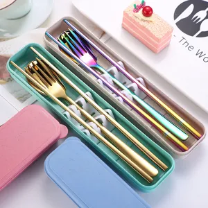 Portable stainless steel tableware set with wheat straw box, fork spoon chopsticks.