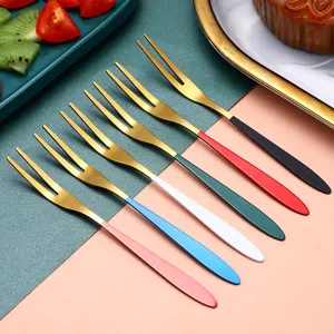 Stainless Steel Fruit Fork Dessert Knife With Colored Handle Gold Plated Mini Cake Salad Fork For Home Party Wedding Kitchen Tableware