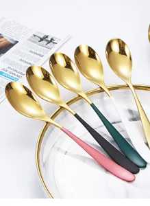 Detailed close-up of colorful stainless steel spoons with gold bowls and multi-color handles.