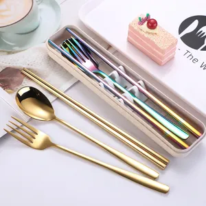 Korean portable stainless steel tableware set titanium coated spoon fork chopsticks