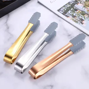 Stainless steel ice tongs with silicone grips, versatile mini food tongs for bar and kitchen use.