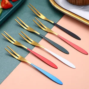 Stainless steel fruit forks set, colorful handle two-tined dessert cake forks for home use.