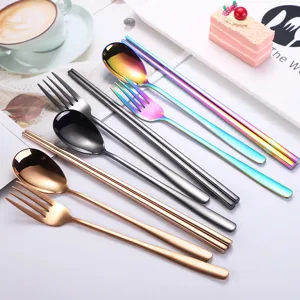 Korean style portable stainless steel cutlery set spoon fork chopsticks titanium plated tableware.