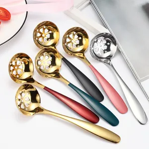 Cuillère à soupe en acier inoxydable motif fleur creux poignée colorée pour fondue