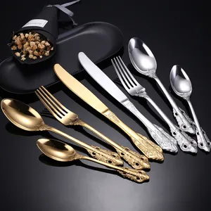 Europäisches Vintage Edelstahl Besteck Set Gold Silber Messer Gabel Löffel Tisch
