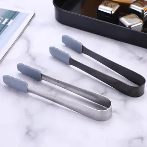 Stainless steel ice tongs with silicone tips, non-slip bar tongs for ice cubes and sugar.