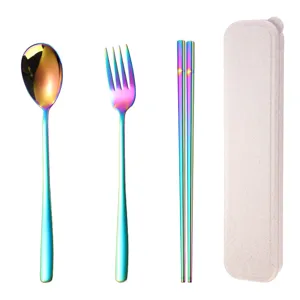 Portable stainless steel cutlery set with colorful titanium plating spoon fork chopsticks box.