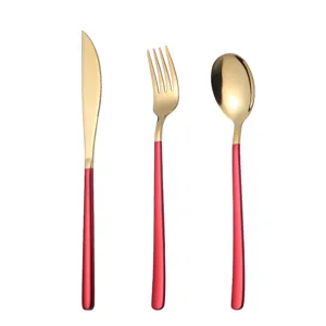 Edelstahl Besteckset goldenes Messer Gabel Löffel roter Griff westliches Geschirr Set