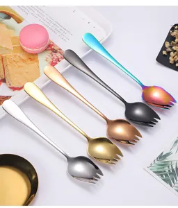 Stainless steel long handle spork colorful dessert spoon fork set kitchen dining tableware