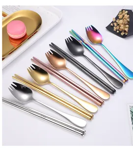 Stainless steel spork and chopsticks set, portable metal tableware in multiple colors for daily use.