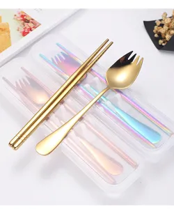 Portable stainless steel tableware set with golden titanium spoon fork and chopsticks case
