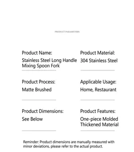 Stainless steel long handle mixing spoon and fork product parameters specification.