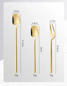 Gold stainless steel hanging coffee spoon and fruit fork size and dimension detail display
